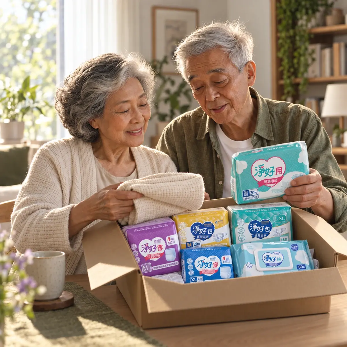 長輩打開裝滿淨好系列商品的紙箱