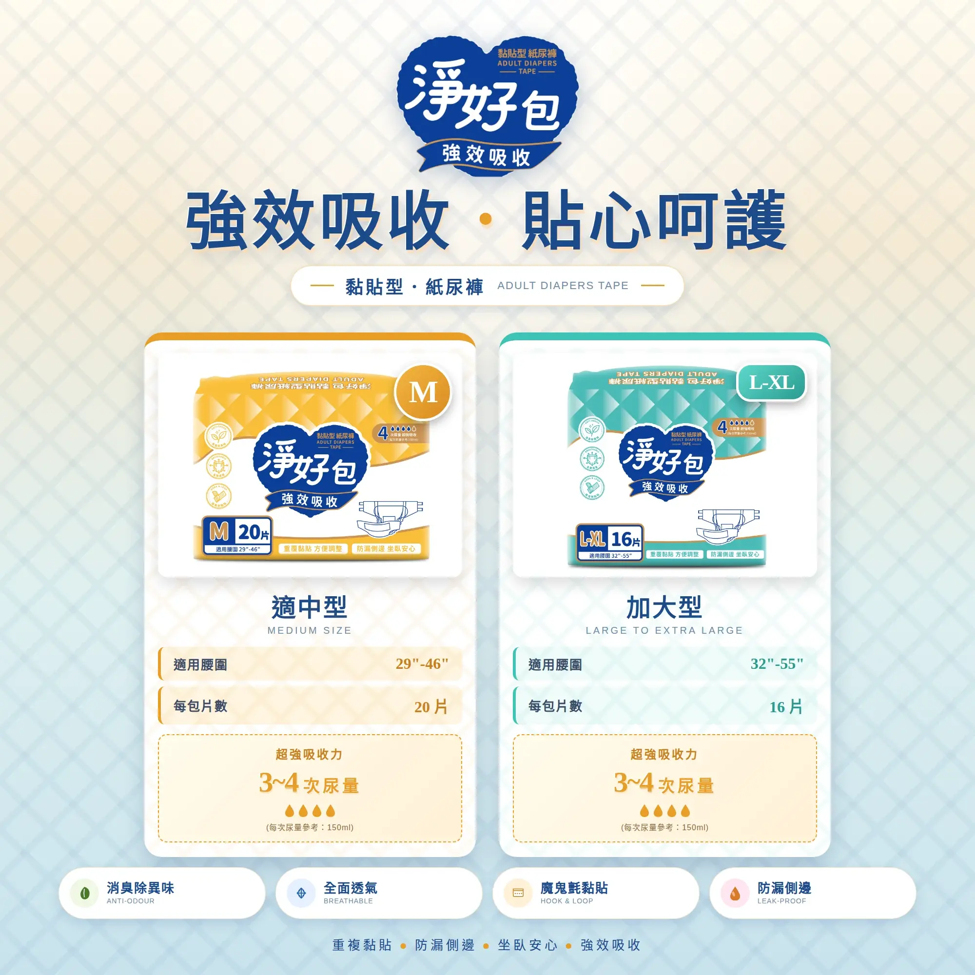 淨好包 黏貼型紙尿褲 規格一覽
